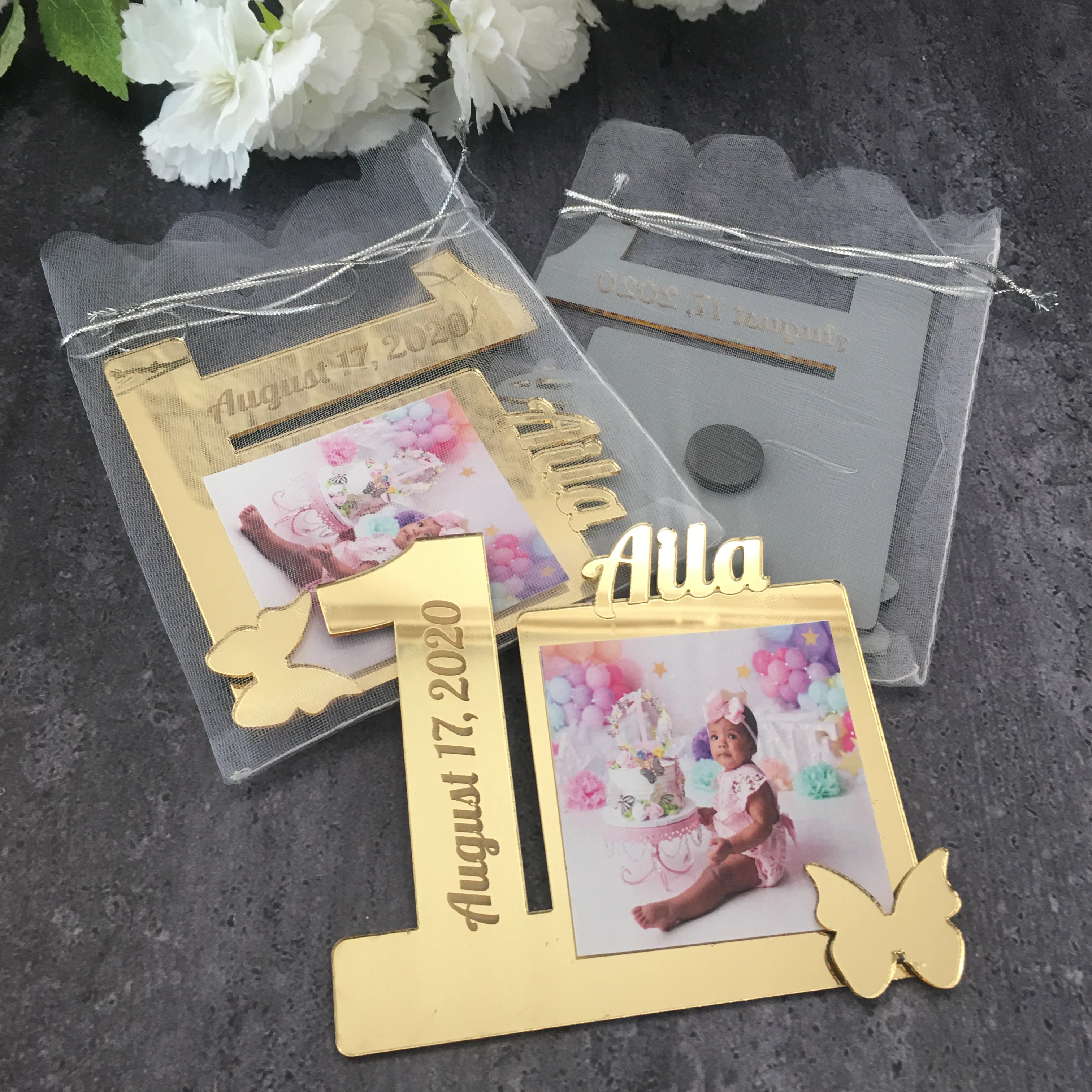 1st Birthday Party Favor Fridge Magnet Gift Kids Baby Photo Frame First Baptism Favors Custom Frames Golden Silver Plexi Mirror Fridge Magnets Aliexpress Party Favors For 1st Birthday Party
