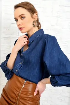 

Trend Alacati Style Women Navy Blue Balloon Sleeve Jean Shirt ALC-X3734
