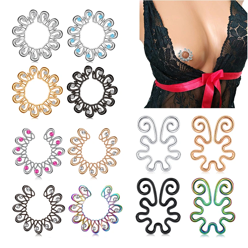 sailimue 7 Pcs Fake Nipple Rings for Women Non-Piercing Nipplerings Clip On Nipple Rings Stainless Steel Faux Dangle Nipple Body Piercing Jewelry