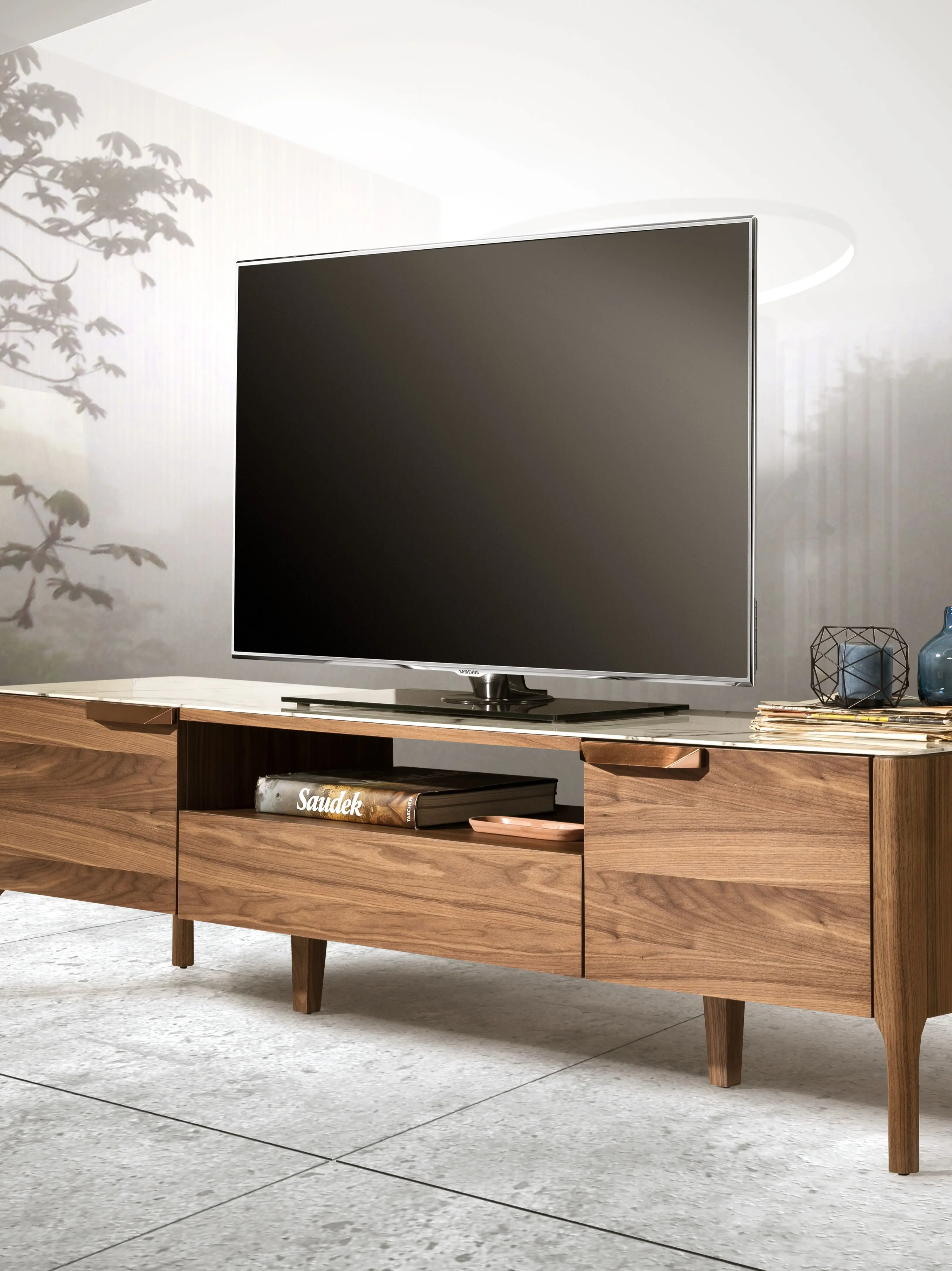 Meuble TV en bois avec poignées et tiroir en acier de couleur cuivre, 3078,  avec effet marbre - AliExpress