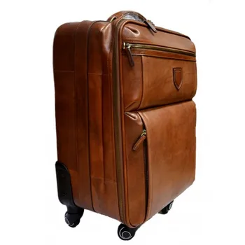 

Leather trolley travel bag weekender overnight brown