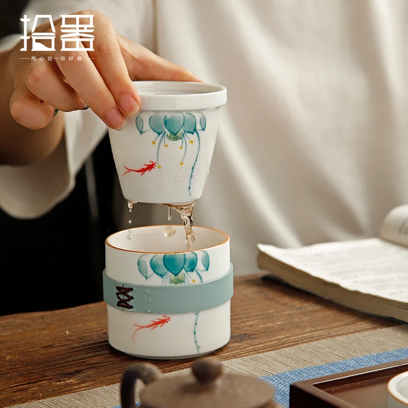 

Hand painted ceramic Travel Portable express cup tea set one pot one cup outdoor business trip tea making single person