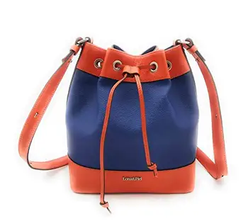 

Handbag women canvas blue and leather 1ª quality orange Color, clasp closure and adjustable cord, 29x26x13 cm. Made in Spain