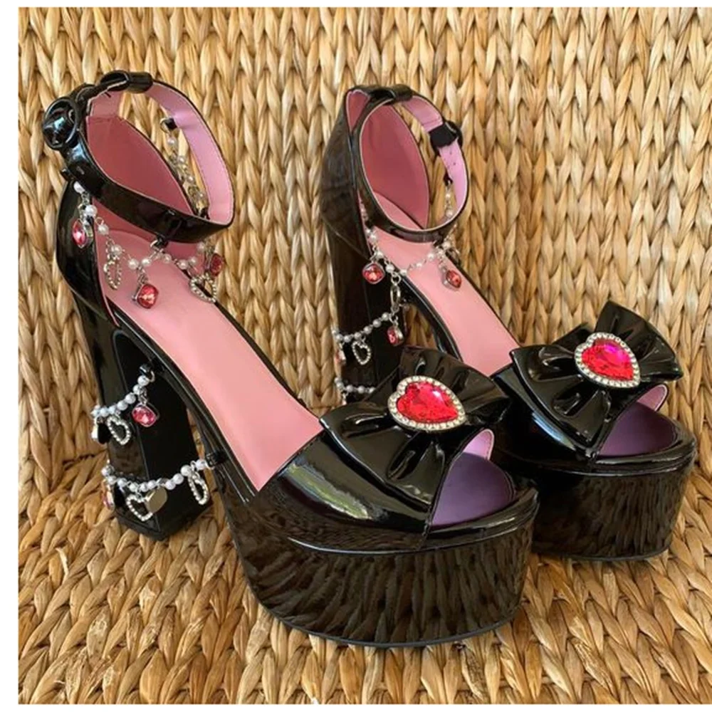 Peep Toe Platform Chunky Heel Sandals 2022 New Women Shoes Summer Sweet Cool Retro Fashion Flash Diamond  Love Pearl Chain