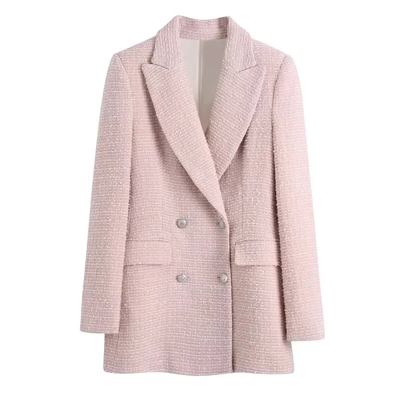 white short suit set TRAF Blue Pink Blazer Women Double Breasted Long Sleeve Jacket Woman Winter 2021 Fitted Coat Tweed Elegant Female Blazer womens suit set