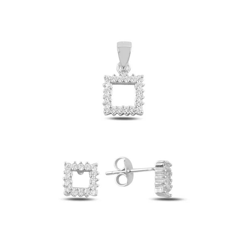 

Silver 925 Sterling Zircon Square Earrings & Pendant Set