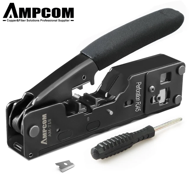 AMPCOM RJ45 RJ11 Pass Through Crimping Tool for Cat7/6A Cat6/5 Ethernet Modular Plugs Connectors With Stripper and Spare Blade Black Set 2