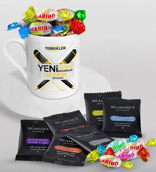 

Personalized New She Devotes The Success In Turkish coffee Cup Selamlique Mixed Turkish Coffee House and Haribo Candy Gift Seti-5