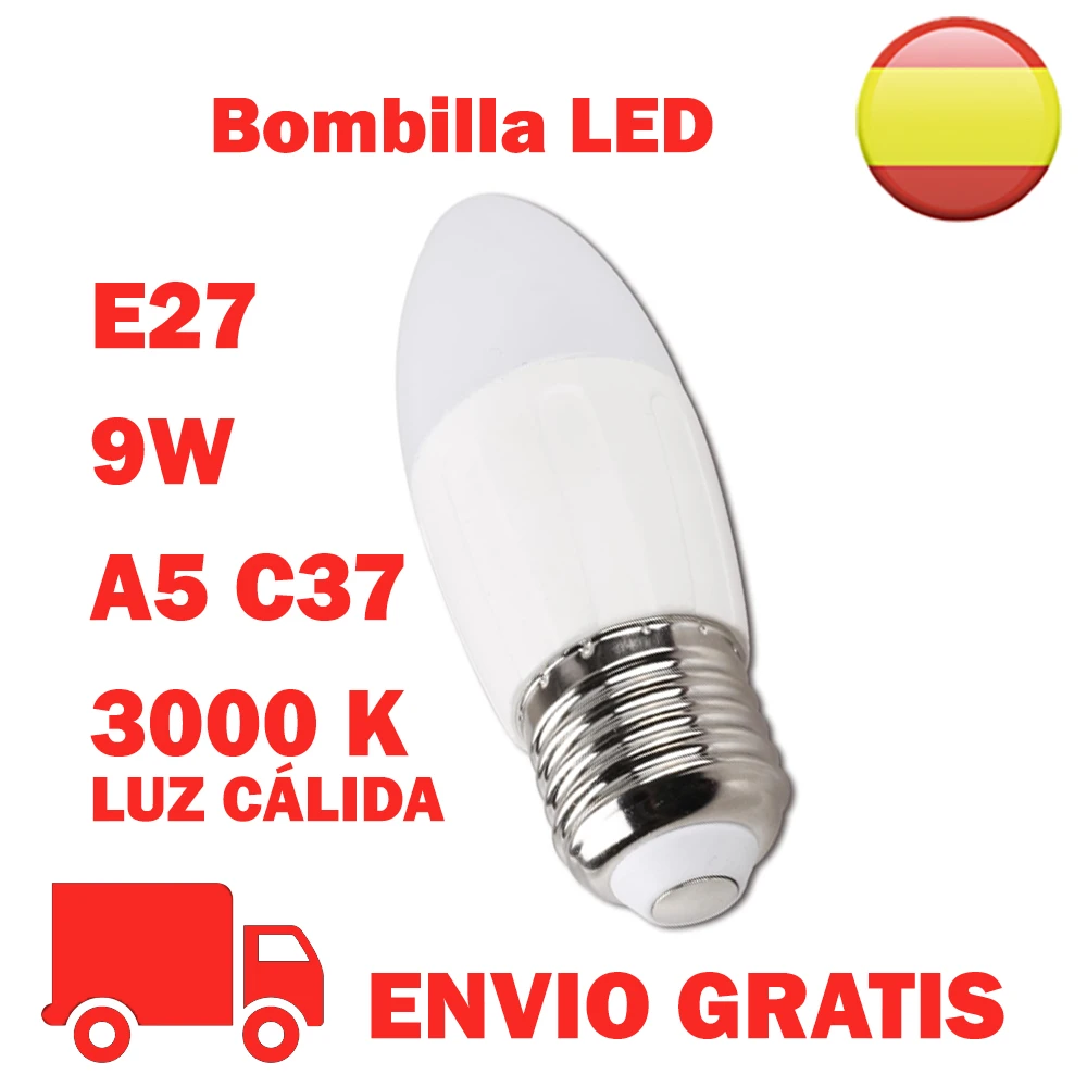 Bombilla de 9W, casquillo E27, A5 C37, de Cálida (CCT: 3000K). Caudal luminoso de 720 lúmenes. Lámpara LED de bajo consumo de rendimiento energético A+. Para el hogar.|Bombillas y