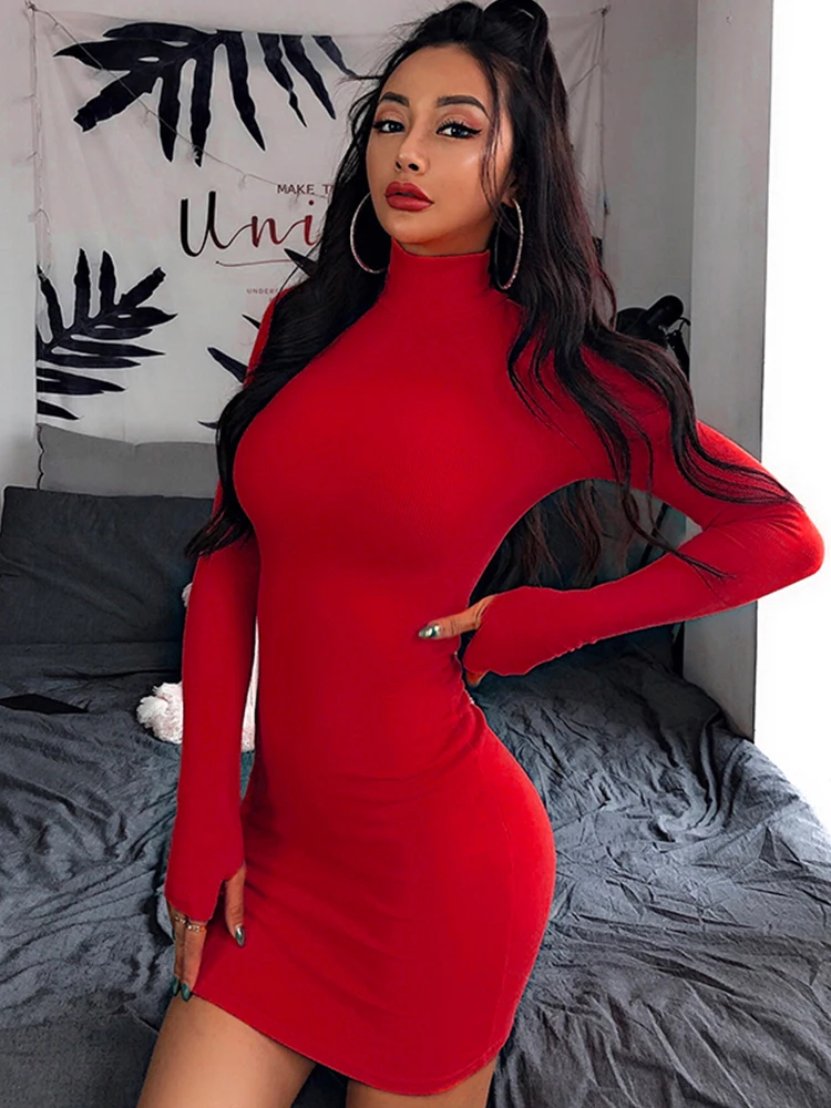 InstaHot/облегающее платье с высоким воротником и длинными рукавами Минималистичное