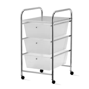 

Drawer cart metal frame and wheels, 3 drawer opaque plastic white, metal pullers ball-and ledge
