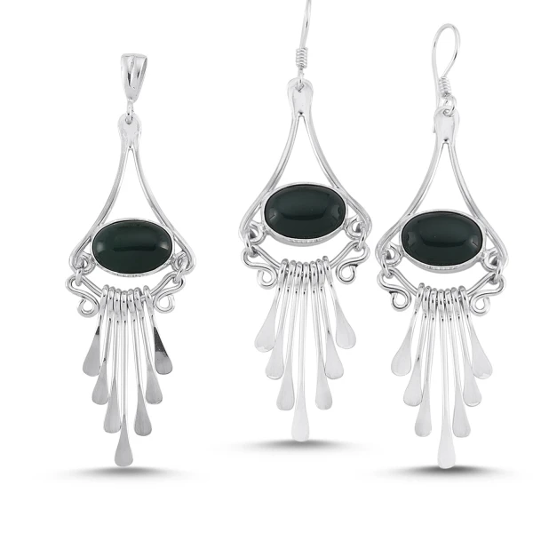 

Silver 925 Sterling Green Agate Stone Handwork Set
