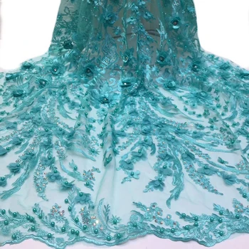 

African 3D lace fabric for wedding dresses 2019 New 5 yards beaded stones Nigerian french net tulle mesh lace flower appliqued