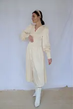 A-Line Dress V-Neck Spring Bishop-Sleeve Satin Simplee Chic Elegant Vintage High-Waist