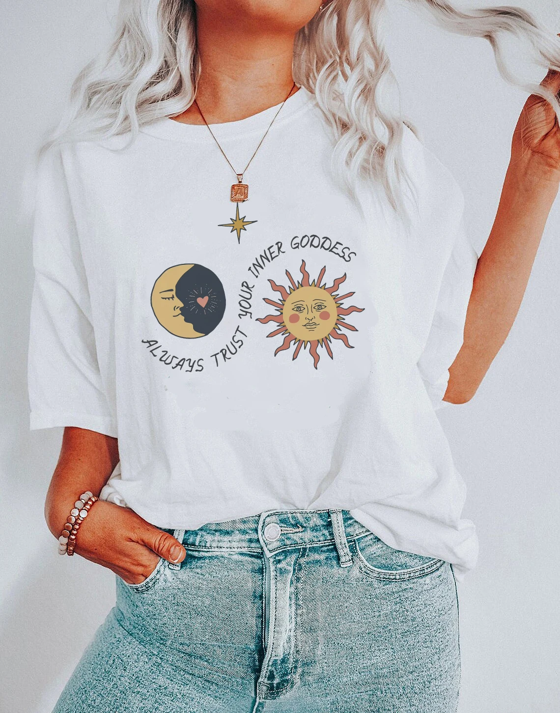 Always Trust your Inner Goddess T-Shirt Boho Sun And Moon Shirts Witchy Sayings Tee Women Trendy fashion casual aesthetic tops | Женская