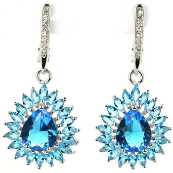 

38x18mm Real 6.4g 925 Solid Sterling Silver Ravishing Paris Blue Topaz CZ Woman's Earrings