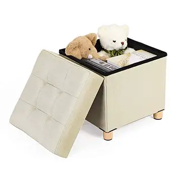 

Ottoman Cube foldable with footrest and storage with feet and wooden cover 38x38x40 cm (L x W x H) beige LSF14BE