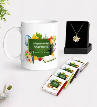 

Personalized World Best Teacher White Mug Chocolate and Is Daisy Necklace Gift Seti-26