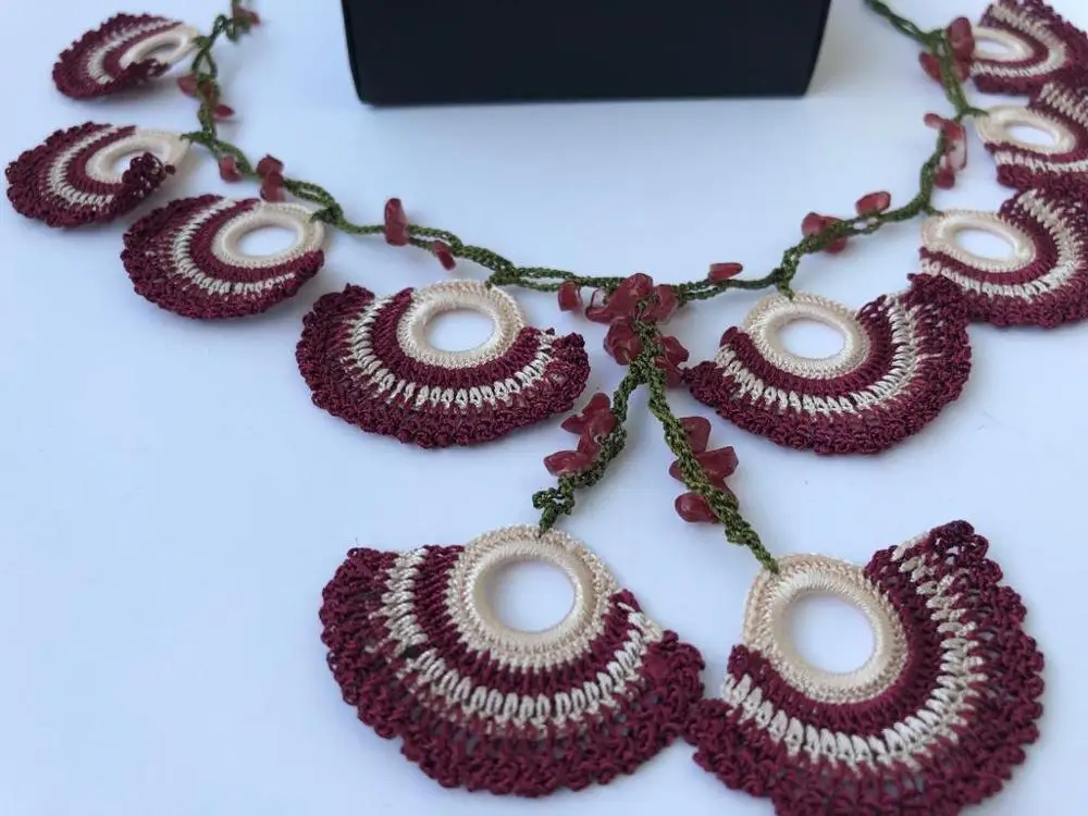 Collar y pendientes de ganchillo turco Oya, joyería Claret con piedras naturales, joyería Bohemia tejida a mano auténtica|Conjuntos joyería| - AliExpress