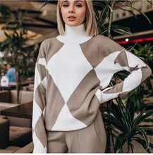 Women Knitted Sweater Tracksuit Turtleneck Plaid Top+ Solid Color Pant Thick Fleece Warm Two Piece Set