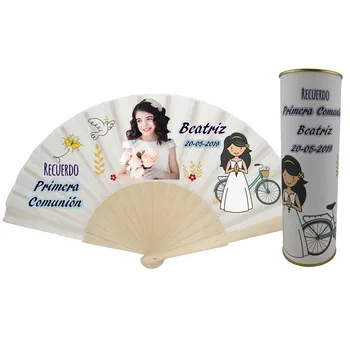 

Sell You batch/personalized fan made from wooden rods with photo communion girl praying with personalized tin