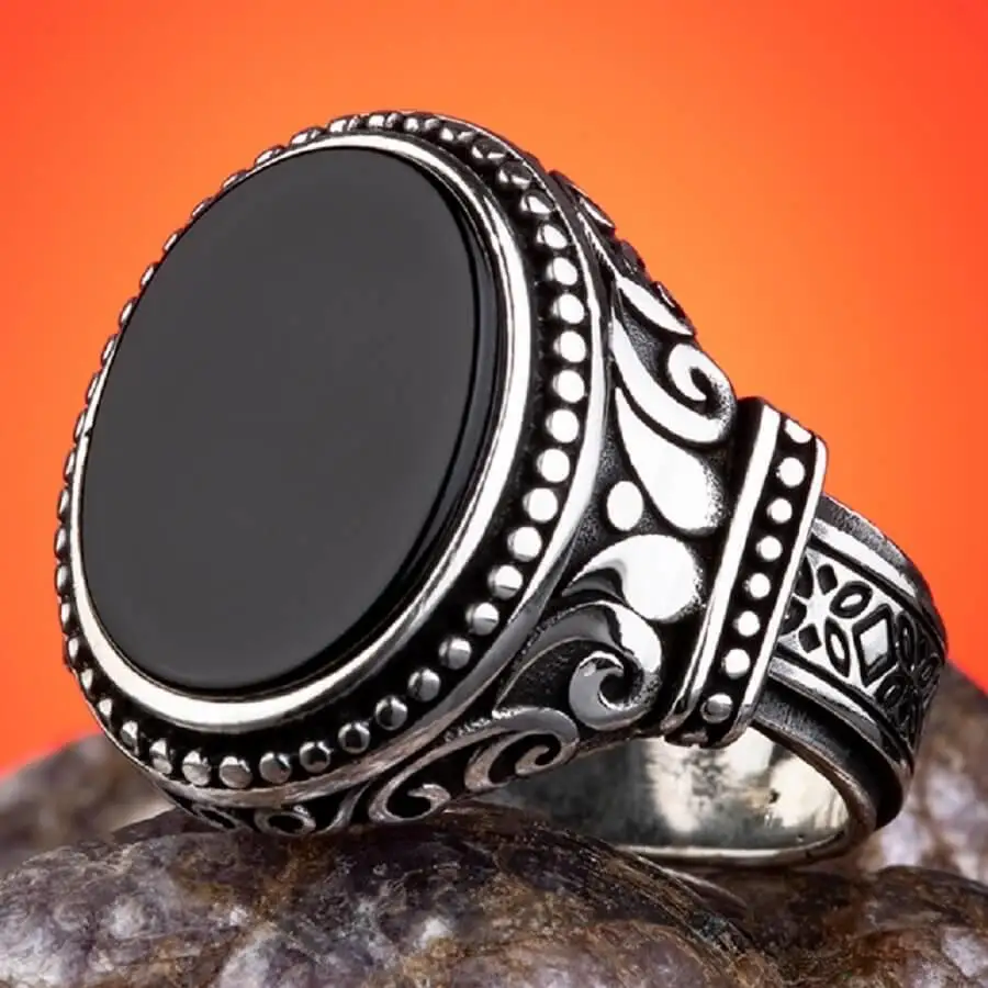 

Sterling Silver Ornamented Mens Ring with Black Oval Onyx Stone Fashion Turkish Premium Quality Handmade Jawelery
