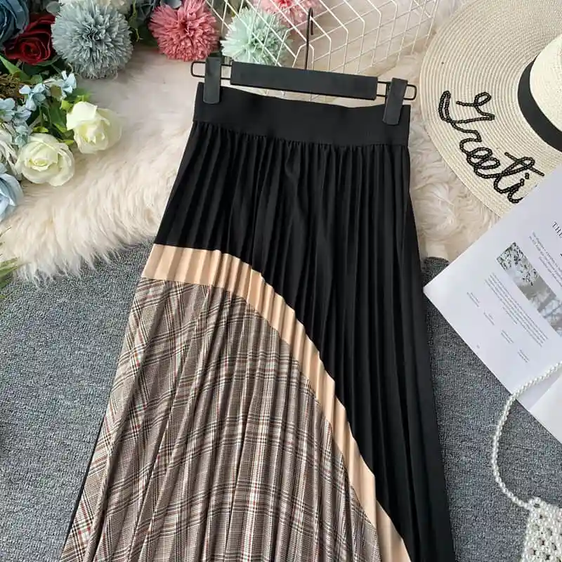 autumn Plaid High Waist Vintage Long Skirt Autumn Winter Bottoms Long Skirts A-line Patchwork Panelled Pleated Skirts