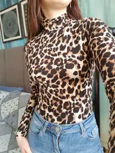 Body de leopardo para mujer, Tops de cuello alto de manga larga, Bodycon, monos ajustados, ropa Sexy para discoteca, otoño 2020