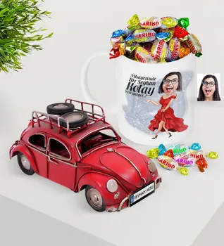 

Personalized Women 'S Easy Grow Caricature Of Platter Nostalgic Red Metal beetle And Mug Haribo Candy Seti-1