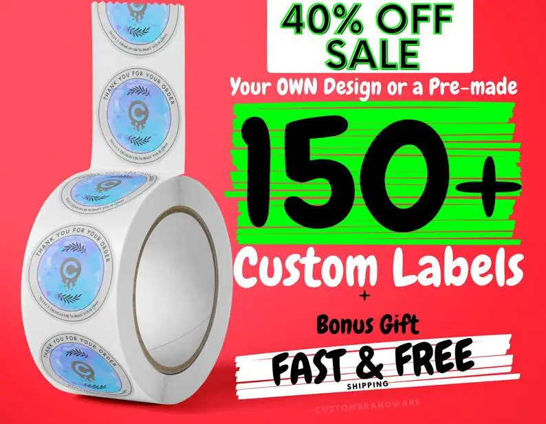 150 x Labels Your Own Design or Pre-Made Custom Roll Circle ! own premade design is printed / Bulk stickers - FAS | Дом и сад