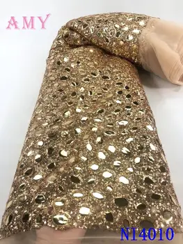 

Gold High Quality African Lace Fabric Net 2020 French Fabric Tulle With Sequins Nigerian Fabric For Wedding Dress AMYNI4010