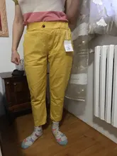 Pantalones harén de algodón para mujer, pantalón vaquero informal combinado con cintura elástica, de talla grande, amarillo y blanco, D321, novedad de verano