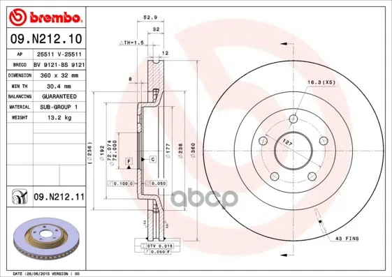 Диск Тормозной Передн, Jeep: Grand Cherokee Iii 05-10 Brembo арт. 09.N212.11