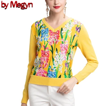 

2019 свитер женски fashion Women Long sleeve V-neck fashion female sweater 2XL yellow flower print knitwear wool high quanlity