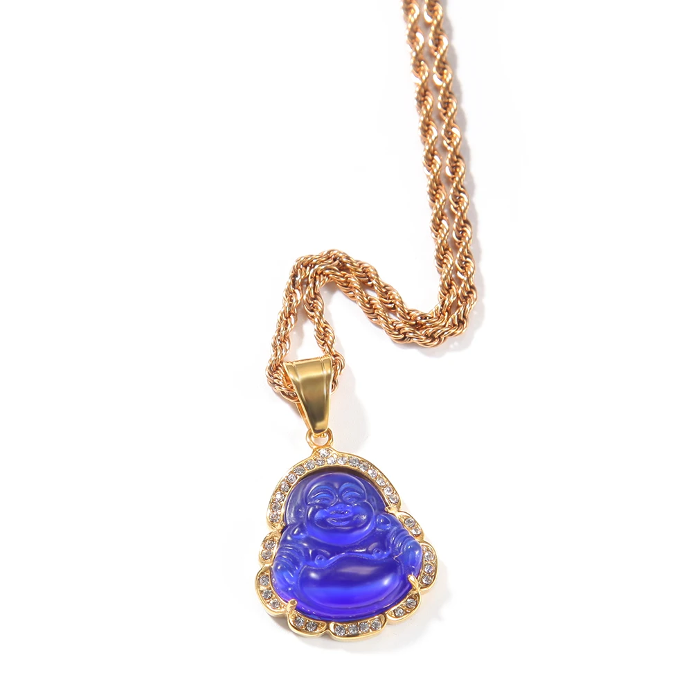 THE BLING KING Buddha Pendant Agate Jade Colorful Cubic Zirconia Gem Stainless Steel With Tennis Chain Necklace Hiphop Jewelry