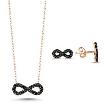 

Angemiel 925 Silver Black Zircon Stone Infinity Set - Rose Gold Plated