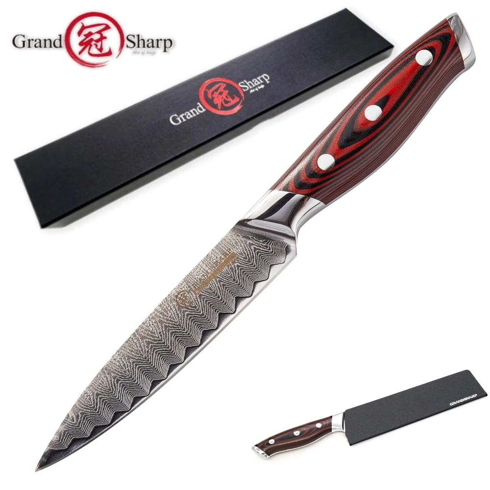 Дамасский кухонный нож 5 дюймов Универсальный нож vg10 японский нож шеф-повара полный тан красный G10 Ручка японский дамасский нож домашние инструменты