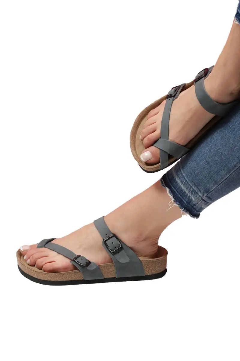 

BELLE Navy Blue Flip-Flops Anatomical Natural Cork Sole Real Leather Women Sandals