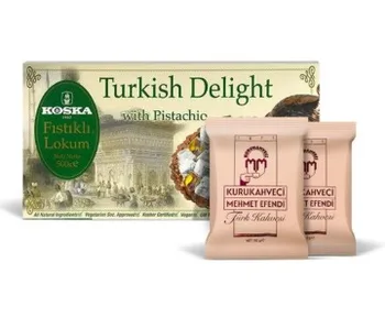 

Mehmet Efendi Coffee Enjoyment Package / Turkish Coffee 100 gr X 2 + Turkish Delight with Koska Pistachio 500 gr