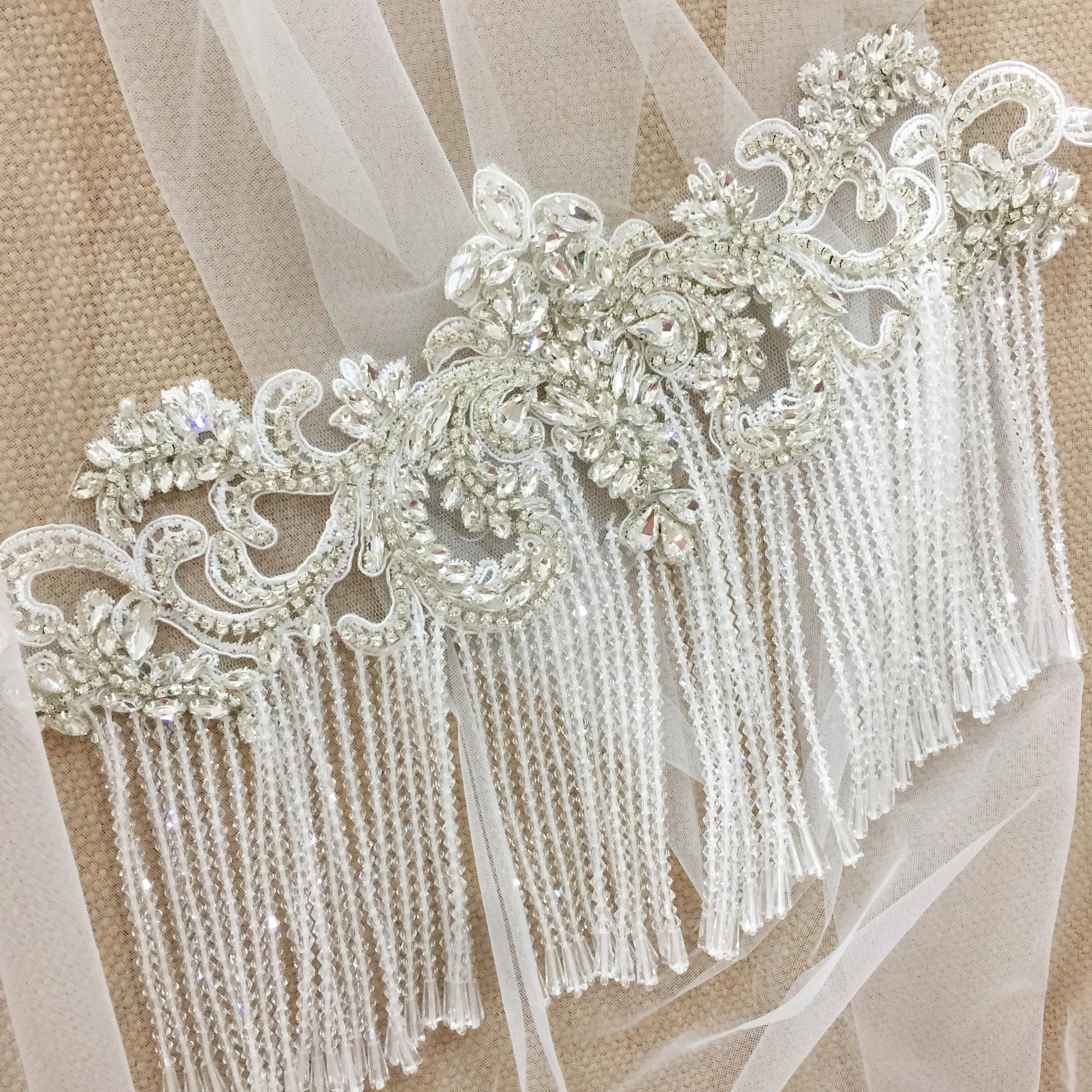 

Handbeaded Haute Couture Crystal Applique with Tassel for bridal capelet, Coverup , rhinestone shoulder cape, bridal jewellery