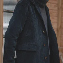 Мужской длинный вельветовый Тренч в стиле ретро с v-образным вырезом на пуговицах черного цвета