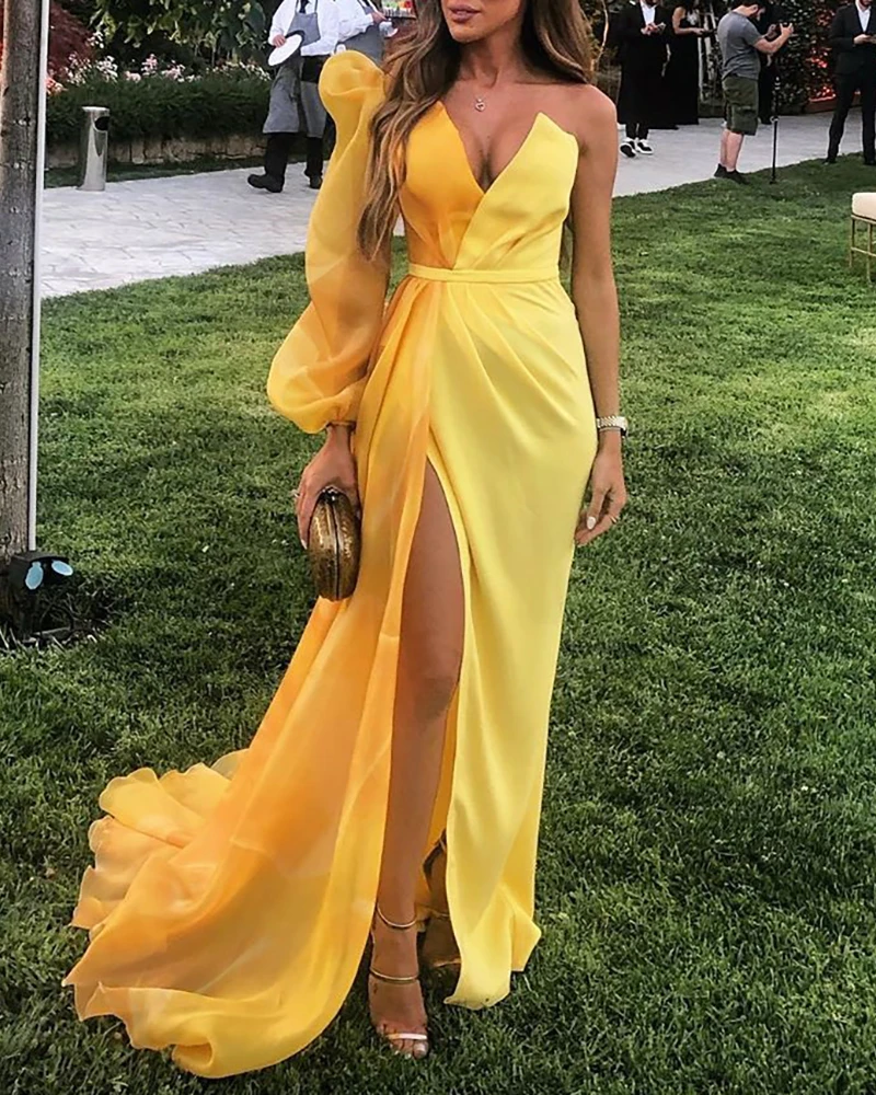 

2020 Women Fashion Elegant Colorblock Puff Sleeve Mesh Insert High Slit Dress One Shoulder Sexy Evening Mesh Maxi Dress
