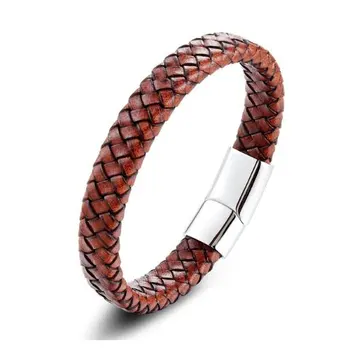 

Angemiel Men Tan Color Leather Steel Clip Male Bracelet