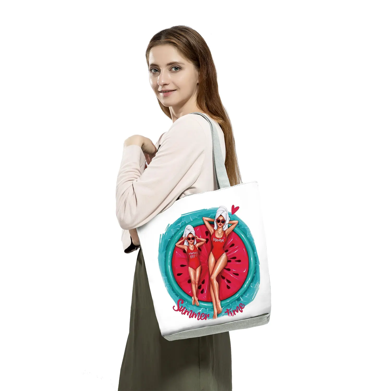 Cute Cartoon Super Mama Print Linen Tote Bag Reusable Shoulder Bags Mom And Baby Fold Women Casual Handbags Lady Fabric Totes