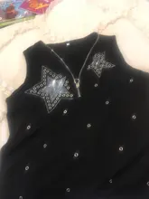 Camiseta con cuentas de 5 estrellas para mujer, Camiseta de algodón de gran elasticidad, camisetas sexys con cremallera y cuello de pico, camiseta sin mangas negra de talla grande 5XL