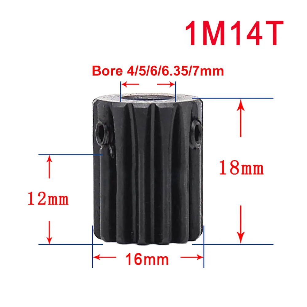 Motor Gear Transmission Gear 1pcs Module 1 Spur Gear 1M-10T/12T/14T 45# Carbon Steel Motor Gear Bore Size 4/5/6/6.35/7 mm Transmission Accessories