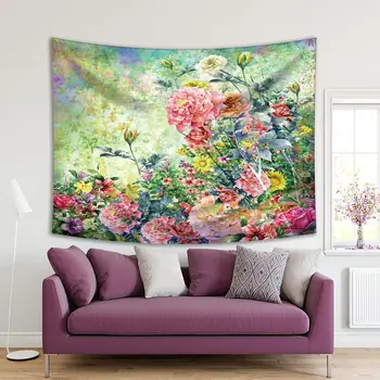 

Tapestry Colorful Summer Flower Garden with Roses Sunflowers Watercolor Painting Pink Green Yellow