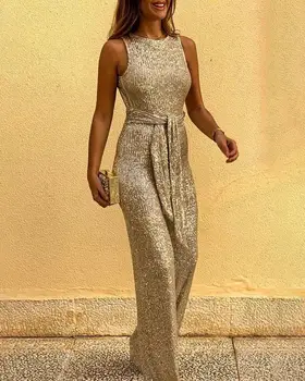 

Glitter Round Neck Streetwear Jumpsuits Slim Fit Sleeveless Backless Sequins Jumpsuit Sexy Wide Leg Pants Long Jumpsuit