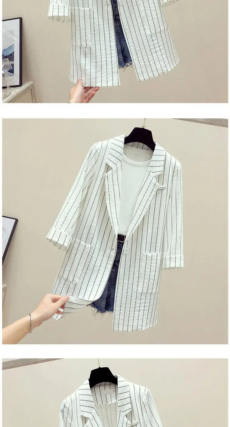 Spring / summer new loose British stripe Blazer sunscreen coat women's medium length thin casual suit UT073