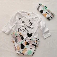 Conjunto de ropa para niñas pequeñas, Tops de manga larga con letras para recién nacidos, pantalones informales con estampado, diadema, trajes para niños pequeños